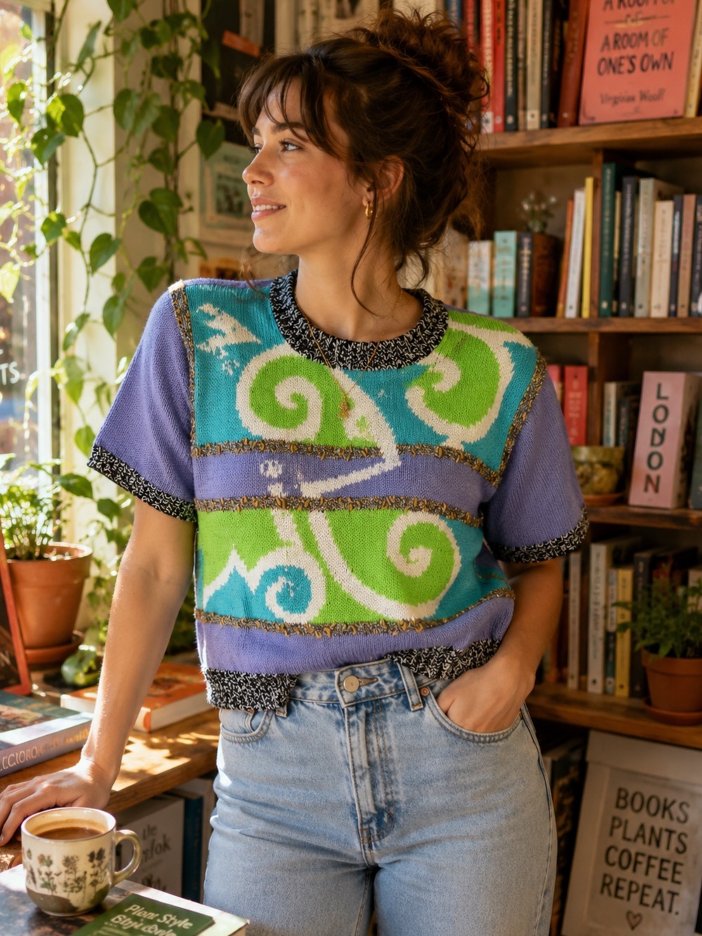 Vintage 80s Abstract Knit Sweater Top Colorblock Dopamine‎ Dressing Art To Wear